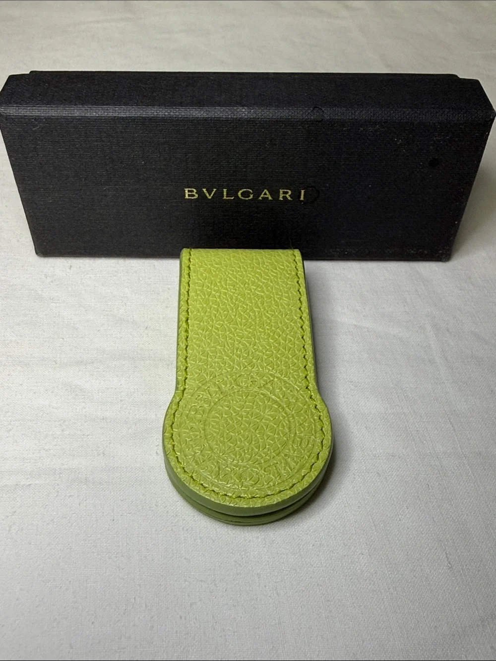 BVLGARI Leather Magnetic Money Clip Holder – Lime Green – With Box
